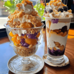 A vibrant glass of Pinoy Halo-Halo filled with shaved ice, colorful sweetened fruits, leche flan, ube halaya, pinipig, and a scoop of ice cream, drizzled with evaporated milk.