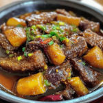 Binagoongang Baboy with Talong: A sizzling plate of tender pork in shrimp paste sauce, topped with roasted eggplant, garnished with chili peppers and served with steamed rice.