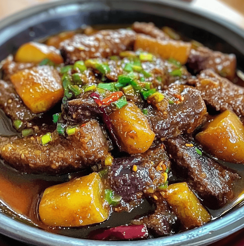 Binagoongang Baboy with Talong: A sizzling plate of tender pork in shrimp paste sauce, topped with roasted eggplant, garnished with chili peppers and served with steamed rice.