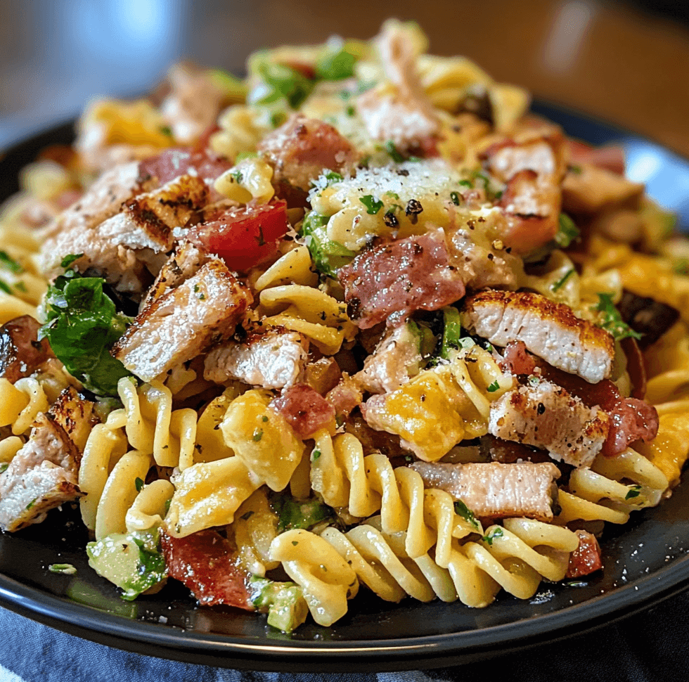 Club Sandwich Pasta Salad featuring pasta, bacon, tomatoes, avocado, and chicken, tossed in a creamy dressing and garnished with fresh herbs.