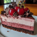 Elegant Cherry Chocolate Ice Cream Cake with layers of chocolate cake, vanilla ice cream, and cherry compote, topped with chocolate shavings and fresh cherries.