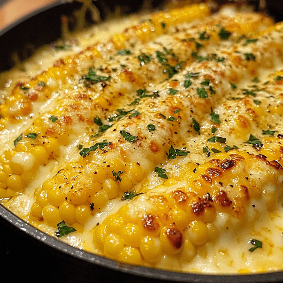 Cheesy Garlic Butter Corn on the Cob, coated in a creamy garlic butter sauce and topped with melted cheese and fresh parsley, served on a rustic platter.