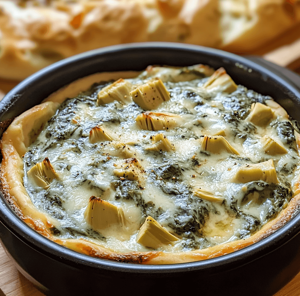 Creamy Spinach Artichoke Dip baked in a dish, topped with golden melted cheese, served with toasted bread slices and fresh veggies for dipping.