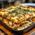 Classic Lasagna with layers of pasta, meaty marinara sauce, ricotta, and melted mozzarella cheese, baked to a golden brown and garnished with fresh basil.