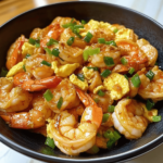 Shrimp and Egg Stir-Fry with plump shrimp, fluffy scrambled eggs, and colorful vegetables in a savory sauce, served in a bowl with a sprinkle of green onions.