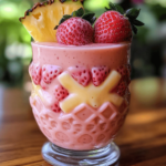 Strawberry Piña Colada Smoothie in a tall glass, topped with fresh strawberry slices and a pineapple wedge, with a colorful straw for a tropical vibe.