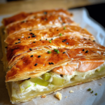 Salmon & Leek Puff Pastry with golden, flaky layers of pastry, tender salmon, and a creamy leek filling, garnished with fresh dill on a white plate.