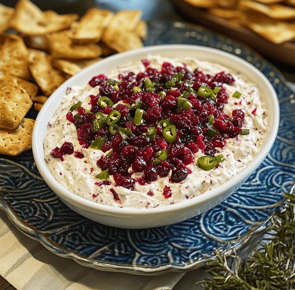 Holiday Cranberry Jalapeño Cream Cheese Dip in a festive bowl, topped with cranberry sauce and jalapeño slices, served with crackers and fresh herbs for garnish.