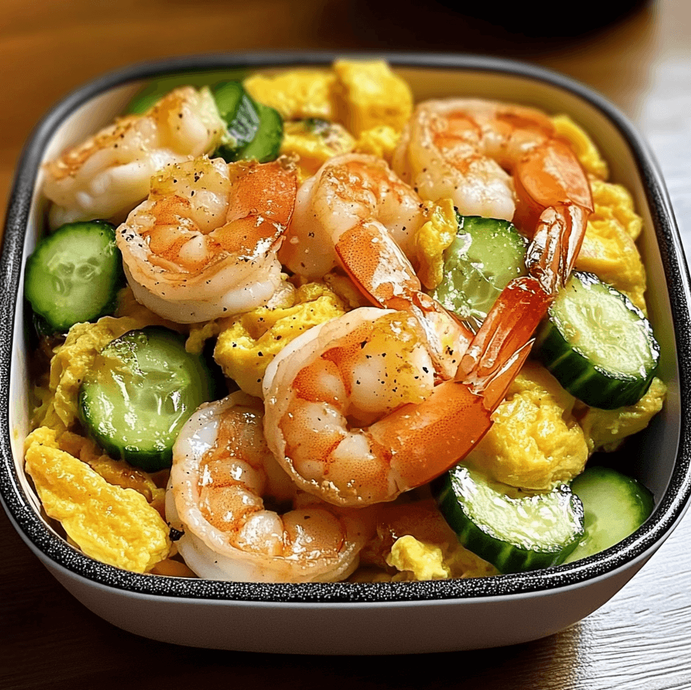 Shrimp, Egg & Cucumber Stir-Fry featuring juicy shrimp, fluffy scrambled eggs, and crisp cucumber slices, served in a bowl with a sprinkle of green onions.