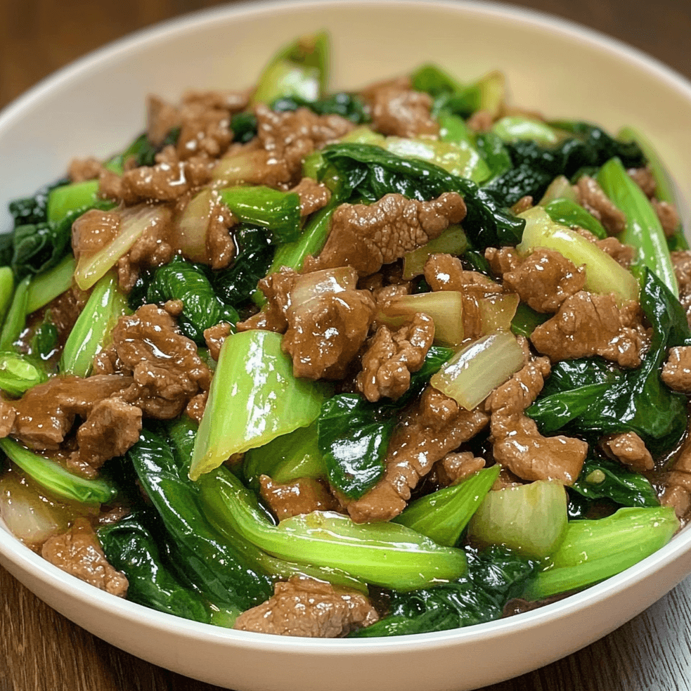 Bok Choy Stir-Fried Beef featuring tender beef slices, crisp bok choy, and a savory sauce, garnished with sesame seeds and served in a bowl.