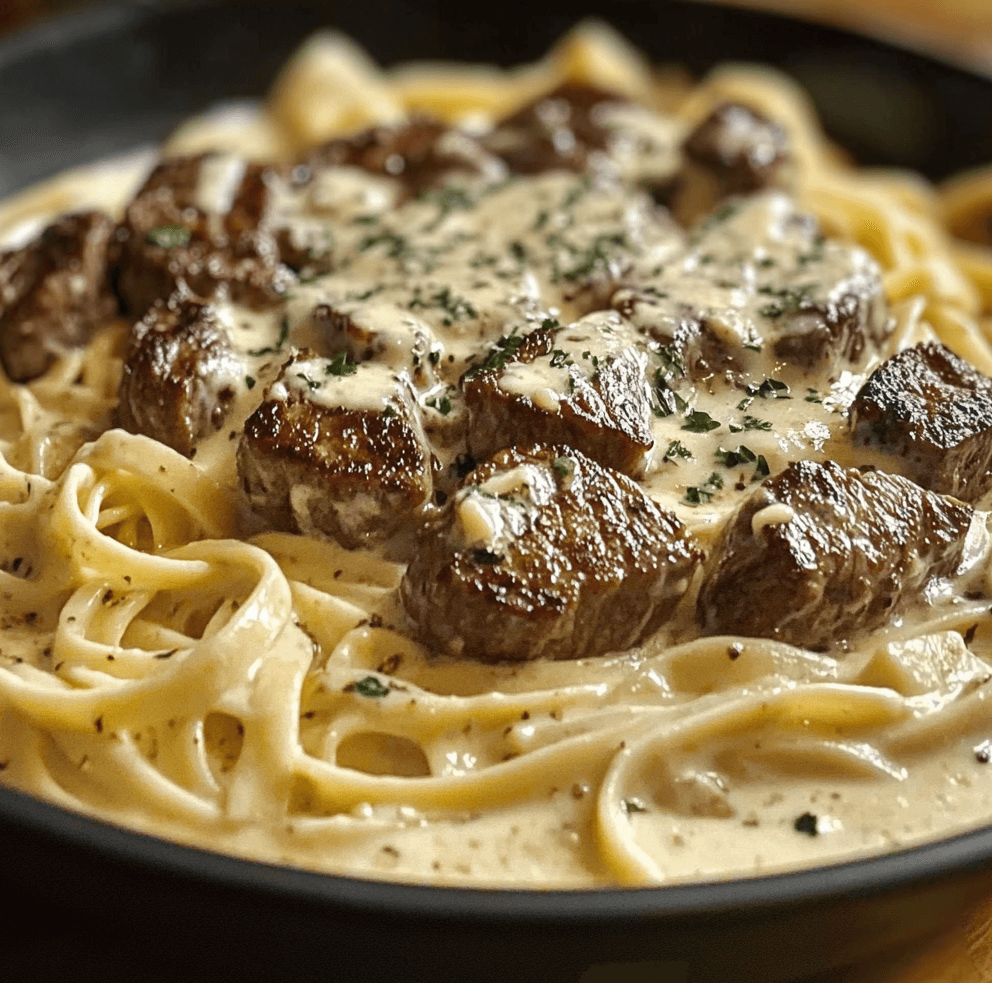 Creamy Steak Gorgonzola Alfredo featuring tender steak slices, fettuccine pasta, and a rich Gorgonzola Alfredo sauce, garnished with fresh parsley and black pepper.