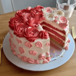 Elegant Rose Cake with layers of moist cake and intricate buttercream rose designs, dusted with edible glitter and displayed on a cake stand.