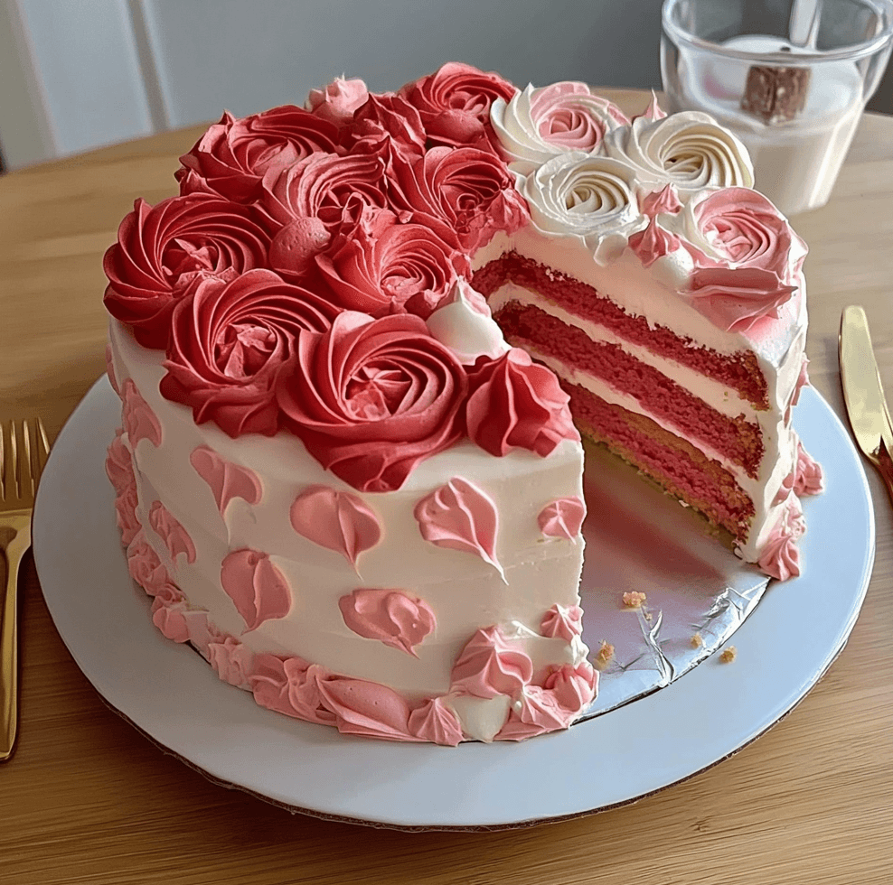 Elegant Rose Cake with layers of moist cake and intricate buttercream rose designs, dusted with edible glitter and displayed on a cake stand.