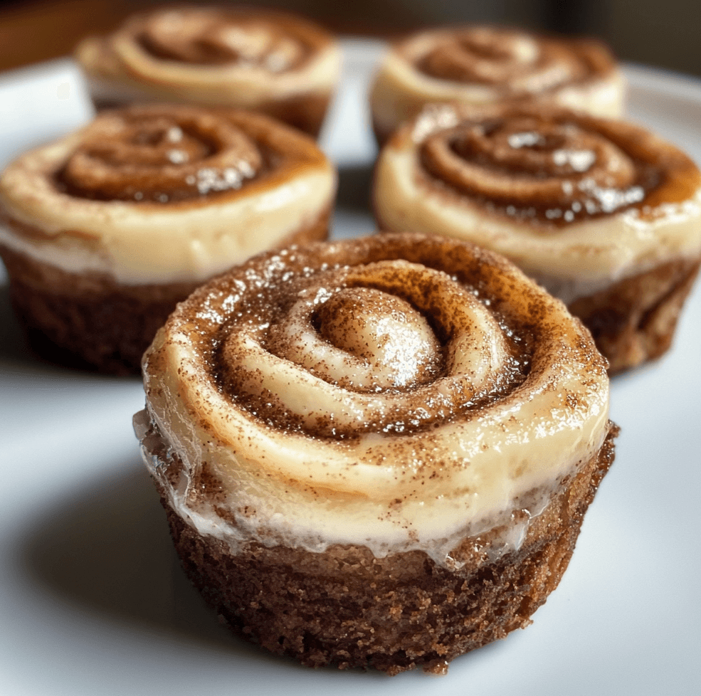 Cinnamon Roll Mini Cheesecakes with a cinnamon-spiced crust, creamy filling, and a swirl of cinnamon sugar, topped with a drizzle of icing on a rustic tray.