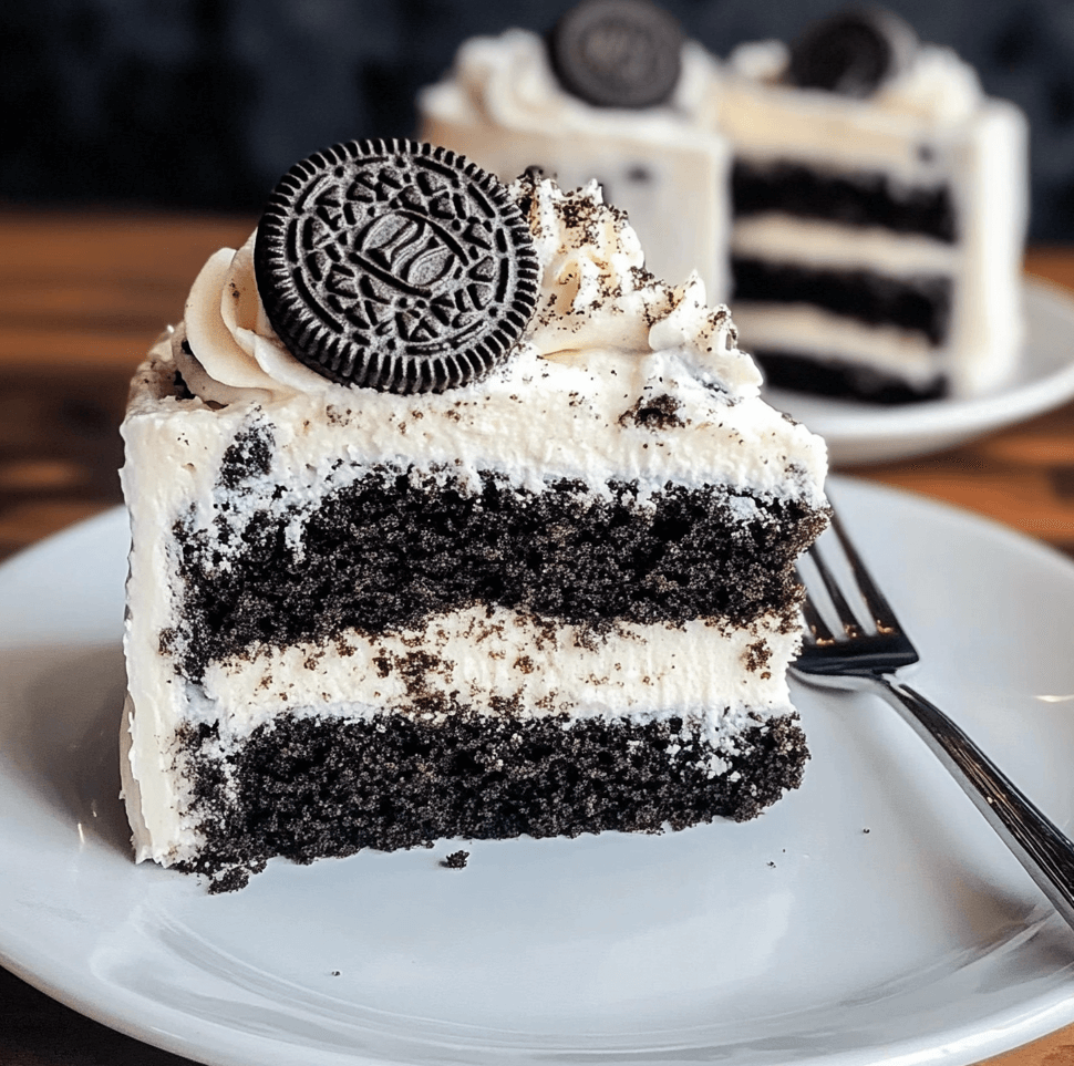 Decadent Oreo Cake with layers of chocolate cake and Oreo buttercream, topped with crushed Oreo cookies and a drizzle of chocolate sauce.