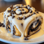 Chocolate Chip Cinnamon Rolls with a gooey chocolate chip filling, topped with cream cheese glaze, and served warm on a rustic baking tray.