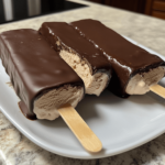 Homemade Chocolate-Covered Ice Cream Bars on a plate, showcasing their smooth chocolate coating and creamy ice cream center, with a drizzle of chocolate and sprinkles for added flair.